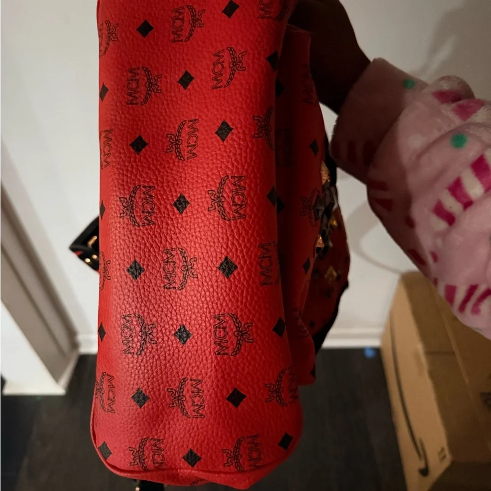 MCM Red and Black Studded Backpack - Picture 4 of 12